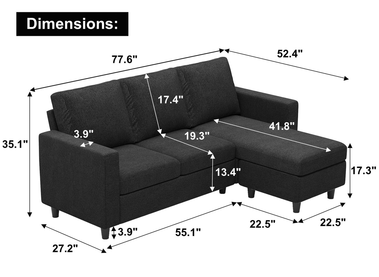 L Shaped Couch, Convertible Sectional Sofa with Linen Fabric, Modern Couch