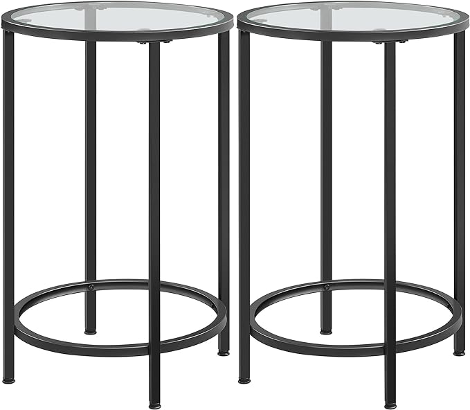 Round Accent Table Glass Top Sofa End Table w/Metal Frame, Protective Foot Pads