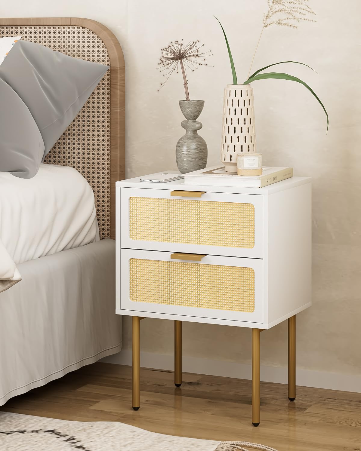 Rattan Nightstand, 2 Drawer Dresser for Bedroom, Small Side Table with 2 Drawers,