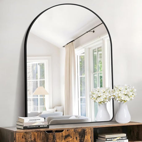 Bathroom Mirror, 30"x48" Black Arched Mirror for Bathroom, Wall Mounted Mirror, Black Vanity Wall Mirror w/Metal Frame for Bedroom, Entryway, Living Room, Vertically Hanging