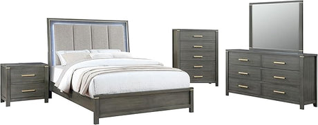 Kieran 5-Piece Queen Bedroom Set with Upholstered LED Headboard Grey