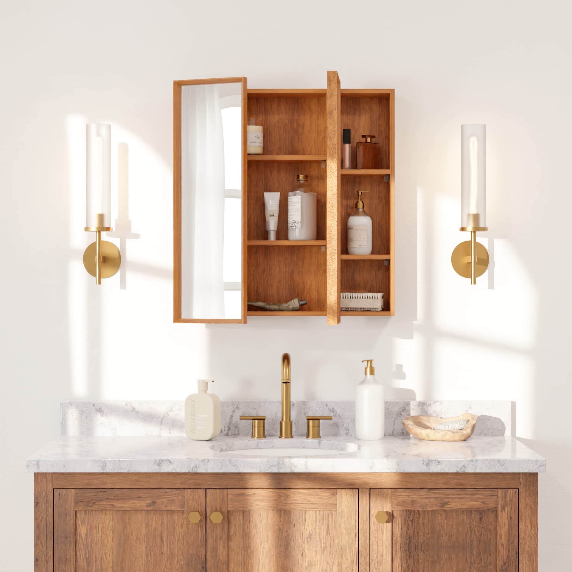 #-Door Wall-Mounted Wooden Medicine Cabinet with Mirror for Bathroom Walls
