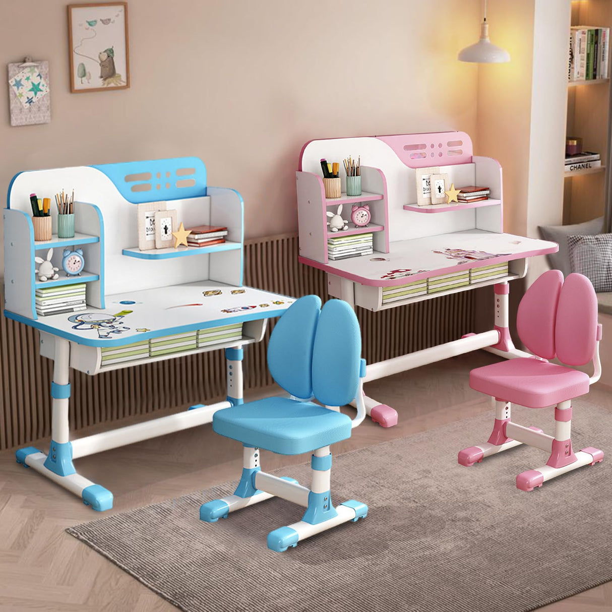 with Chair, Height Adjustable Kids Desk and Chair Set, Widened Children Desktop,