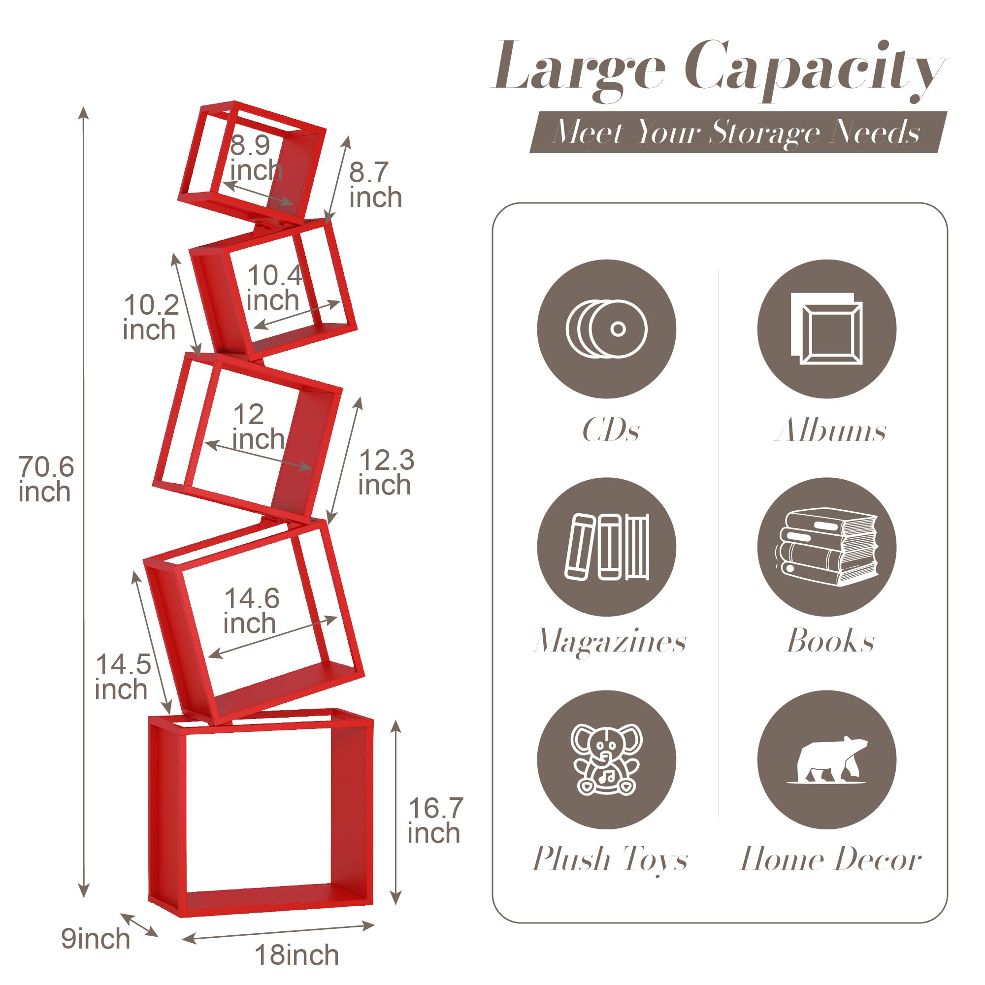 Bookshelf, 5-Tier Geometric Bookcase, 70.6" Tall Red Book Organizer,