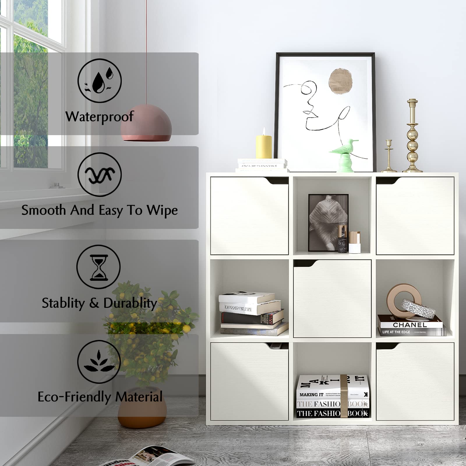 9-Cube Storage Shelf Bookcase - Wooden 3-Tier Floor Standing Open Bookshelf