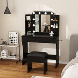 Set with Mirror, LED Lights and Power Outlet Makeup Table with 2 Large Drawers and Round Holder,