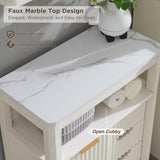 Bathroom Floor Cabinet with Sliding Door, Modern Fluted 3 Drawers Storage Organizer w/Adjustable Shelf and Faux Marble Top,