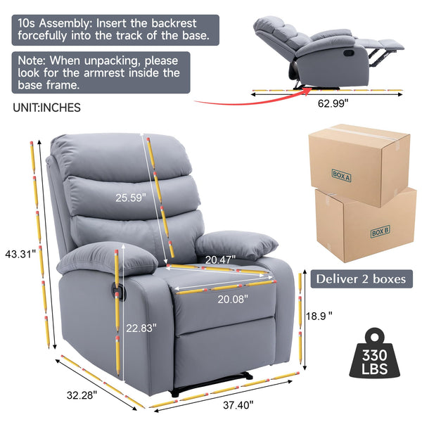 GNMLP2020 Manual Recliner Chairs for Adults, Lazy Boy Recliner Chair with Tech Cloth, Small Recliner Chair for Small Space, RV, Light Grey