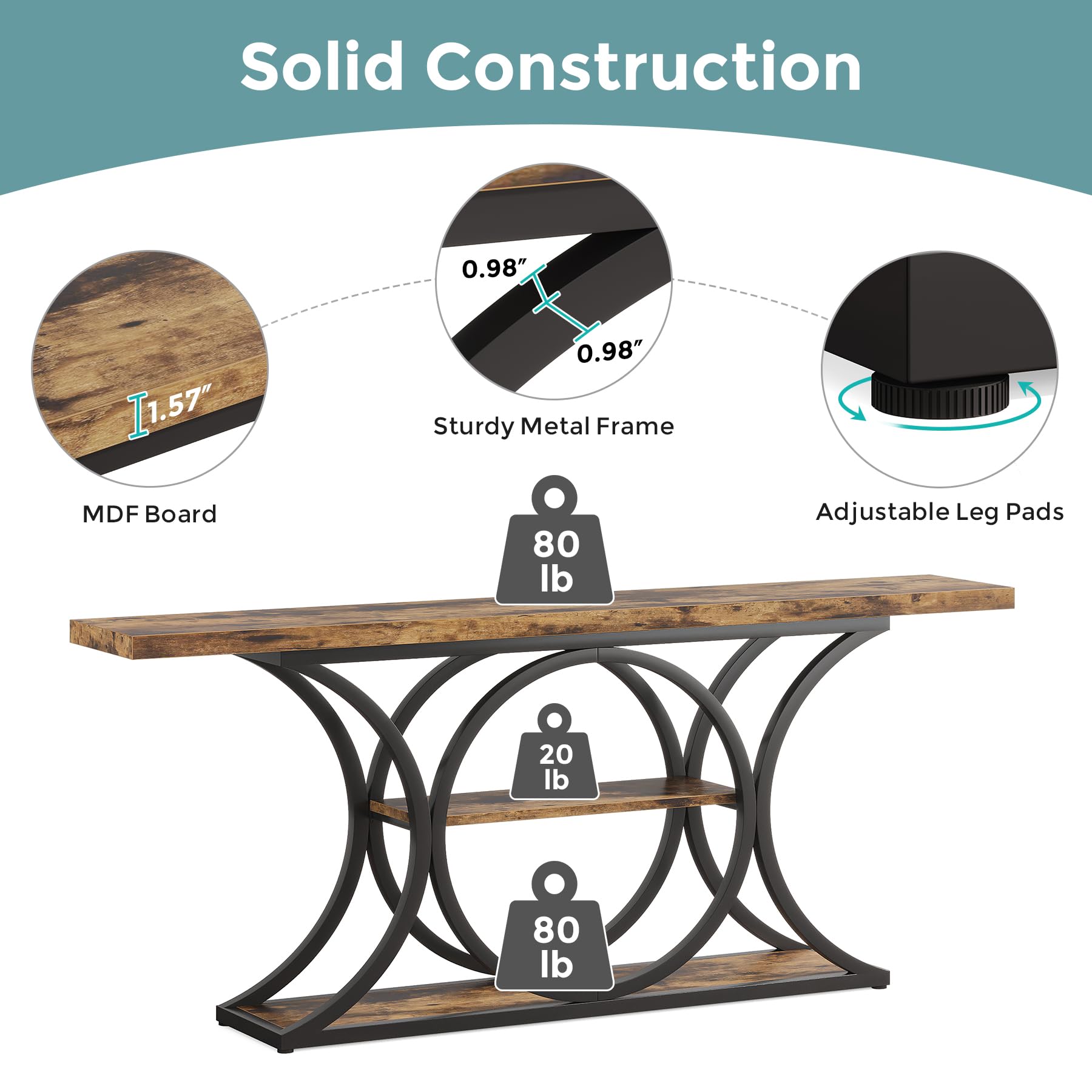 63 Inch Extra Long Rustic Industrial Console Table with 3-Tier Storage