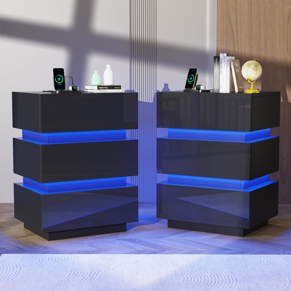 with Charging Station, LED Nightstand with Power Outlets, Modern Nightstand with LED