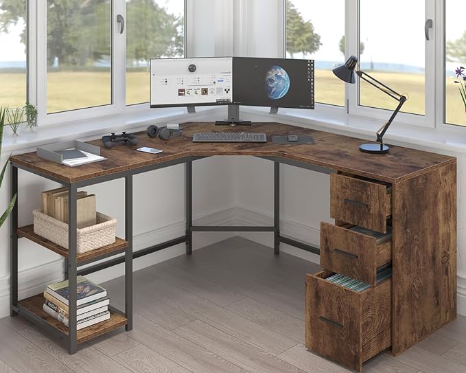 White L Shaped Corner Desk with Drawers, Reversible Modern L-Shaped Computer