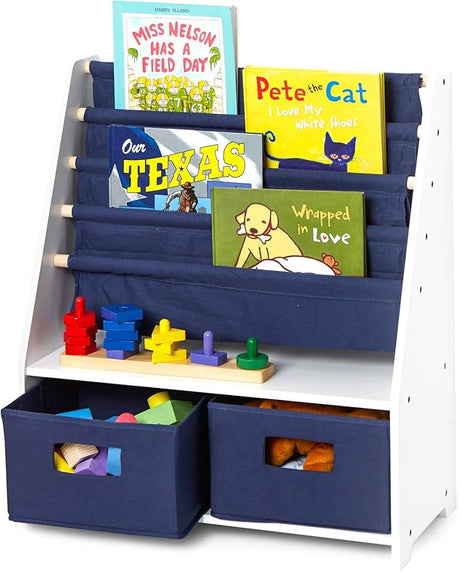 Kids Canvas Sling Bookshelf with Storage for Boys and Girls, Wooden Design Features Four Shelves and Two Drawers