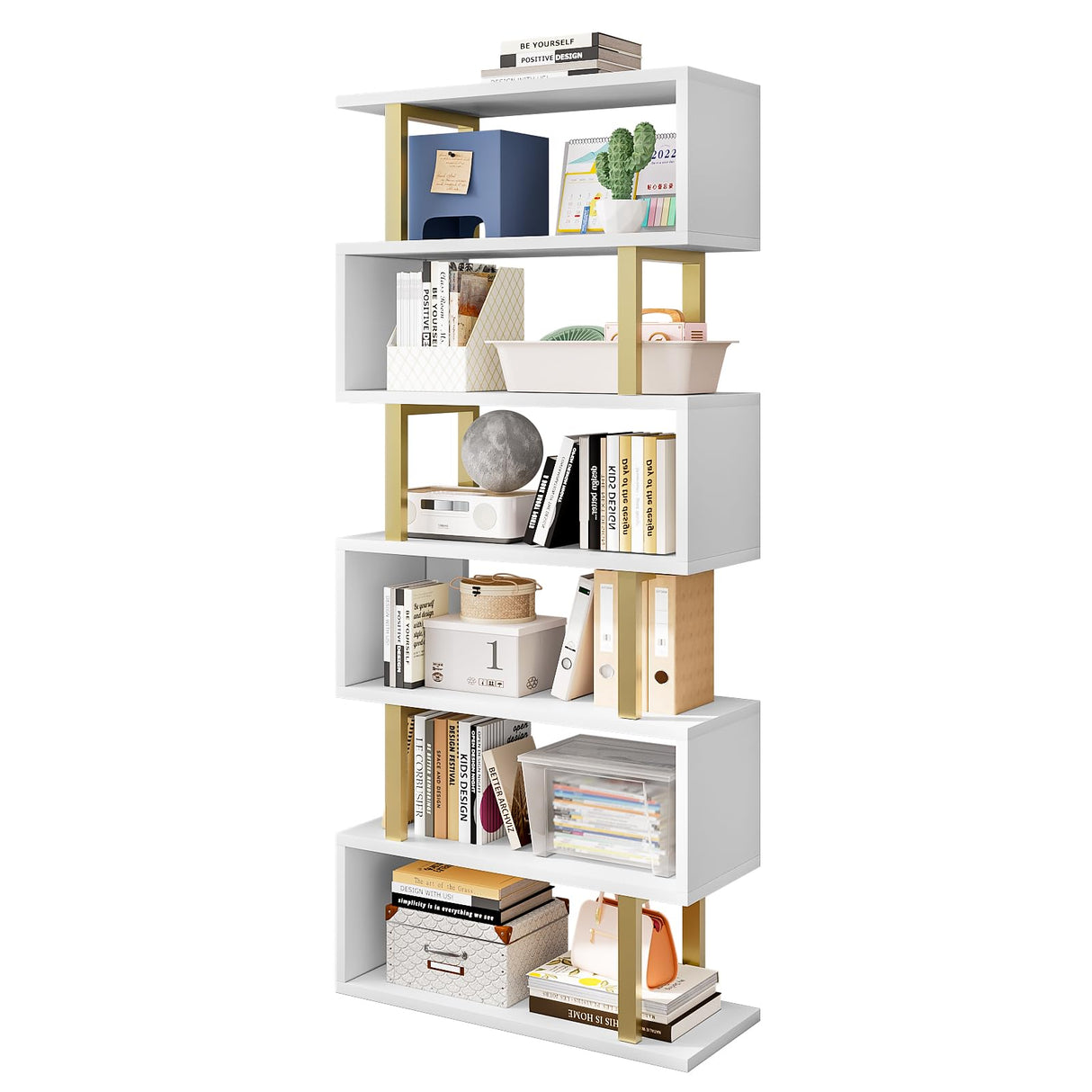 SORCEDAS Bookshelf Geometric Bookcase S Shaped Industrial Bookshelf Storage Display Stand Shelf for Living Room Bedroom and Office Room (White, 6 Tier)