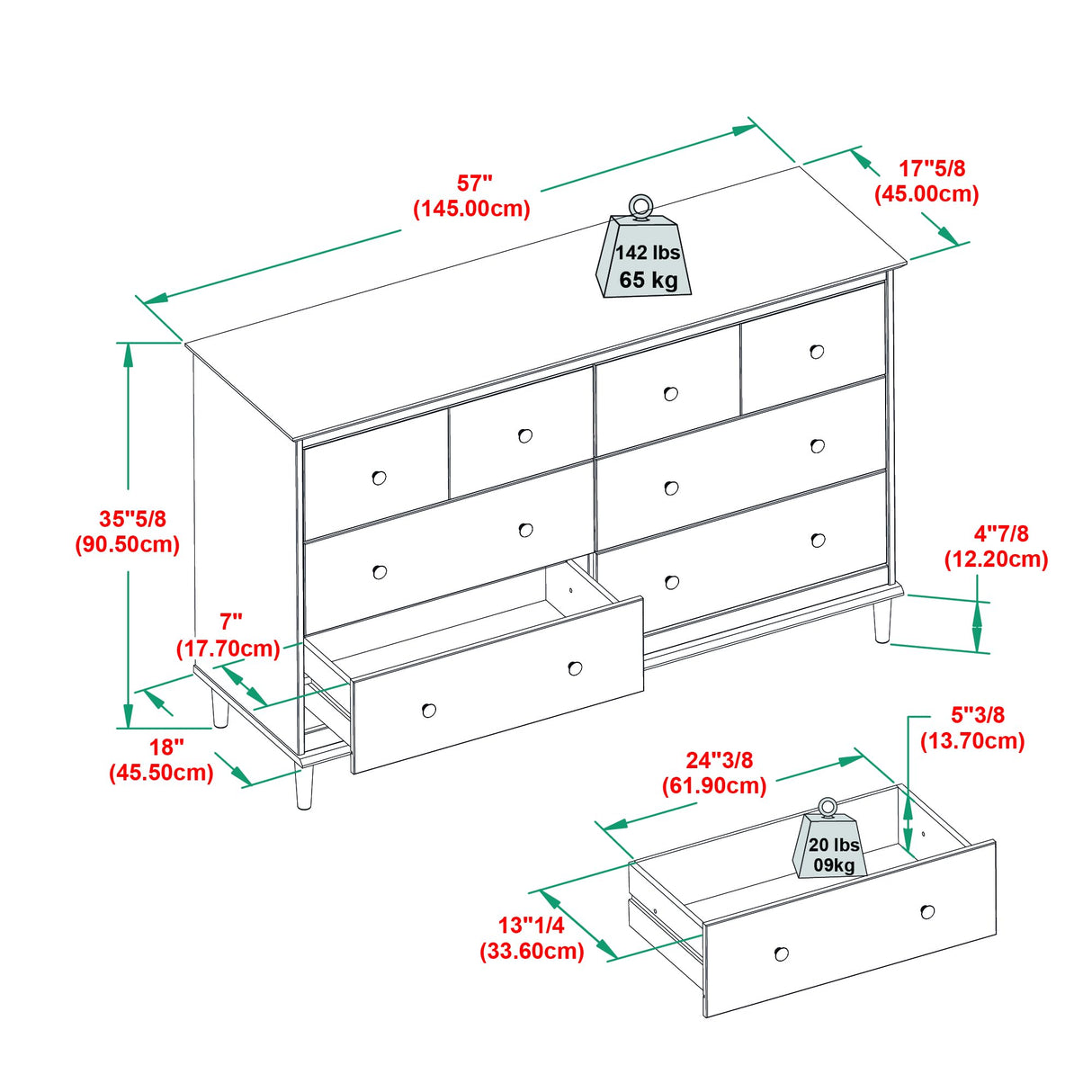 Modern 6-Drawer Solid Wood Dresser Bedroom Storage, 57 Inch