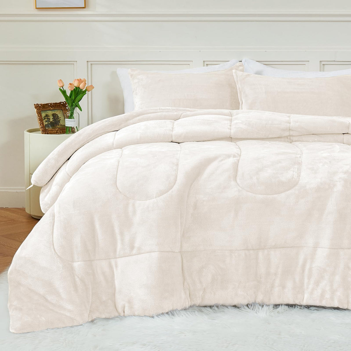 Faux Fur Comforter Set Queen Size, Luxury Ultra Soft Fuzzy Comforter, Fluffy Plush Velvet Bedding Comforter Sets