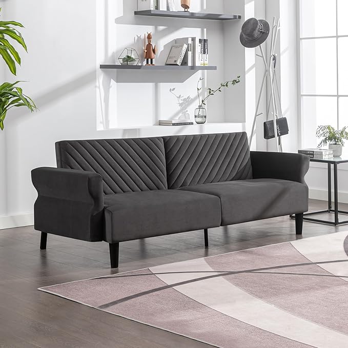 78''Futon Sofa with Ajustable Armrest, 3 Seat Convertible Sofa Bed Couch