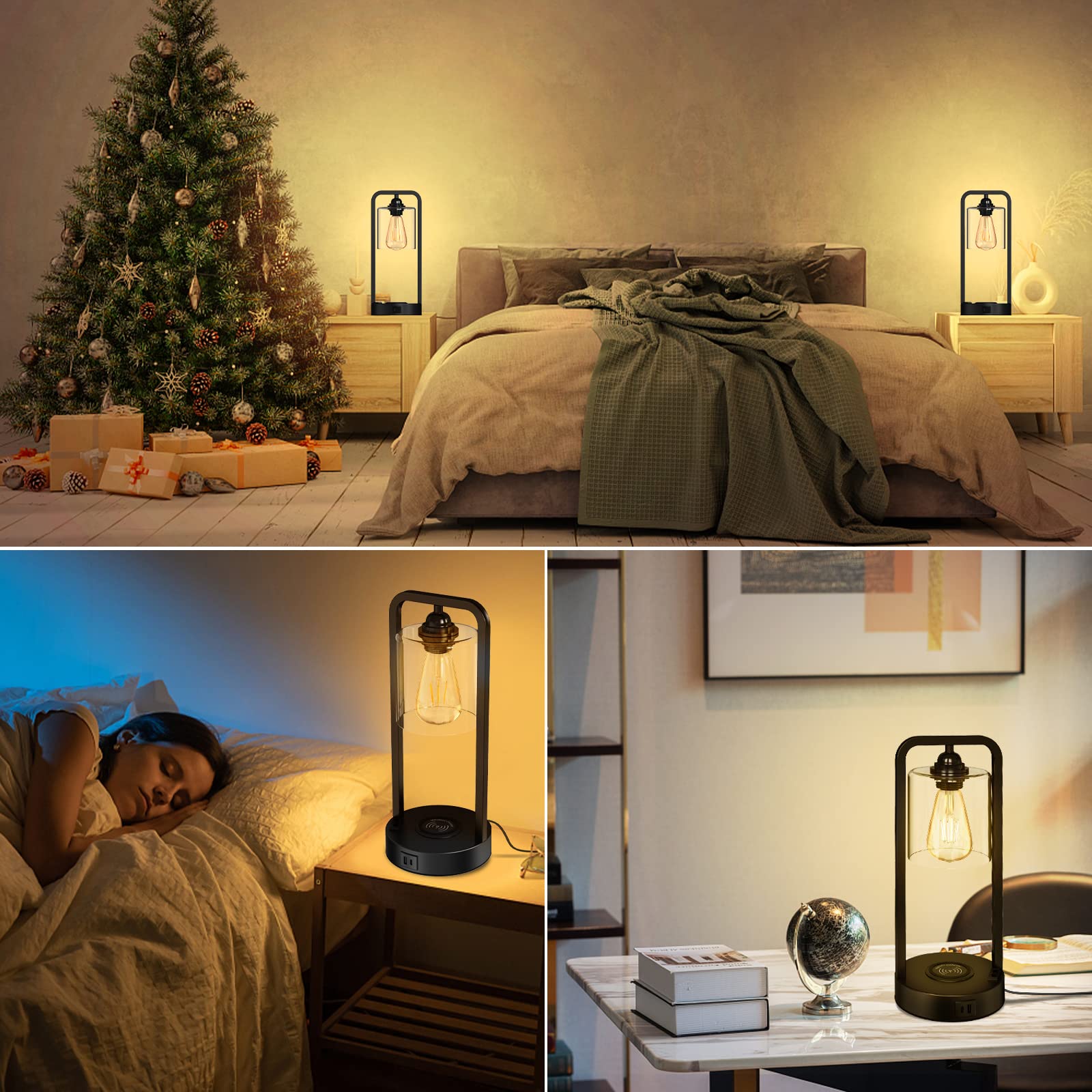 Wireless Charging Table Lamp for Bedroom Set of 2, Touch Control Dimmable