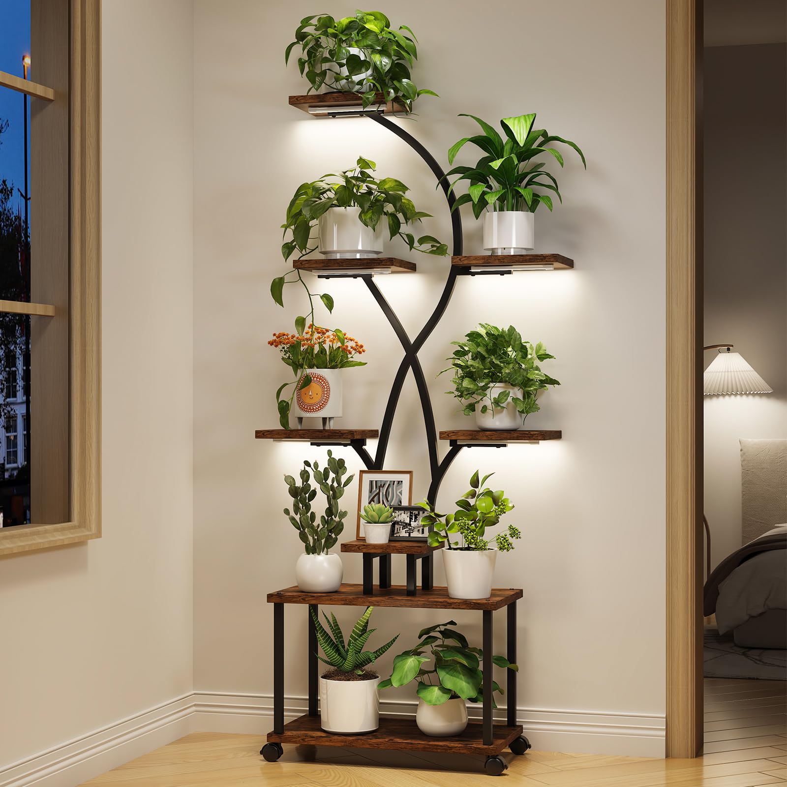Plant Stand Indoor with Grow Lights, 8-Tiered Large Metal Plant Shelf with Wheels