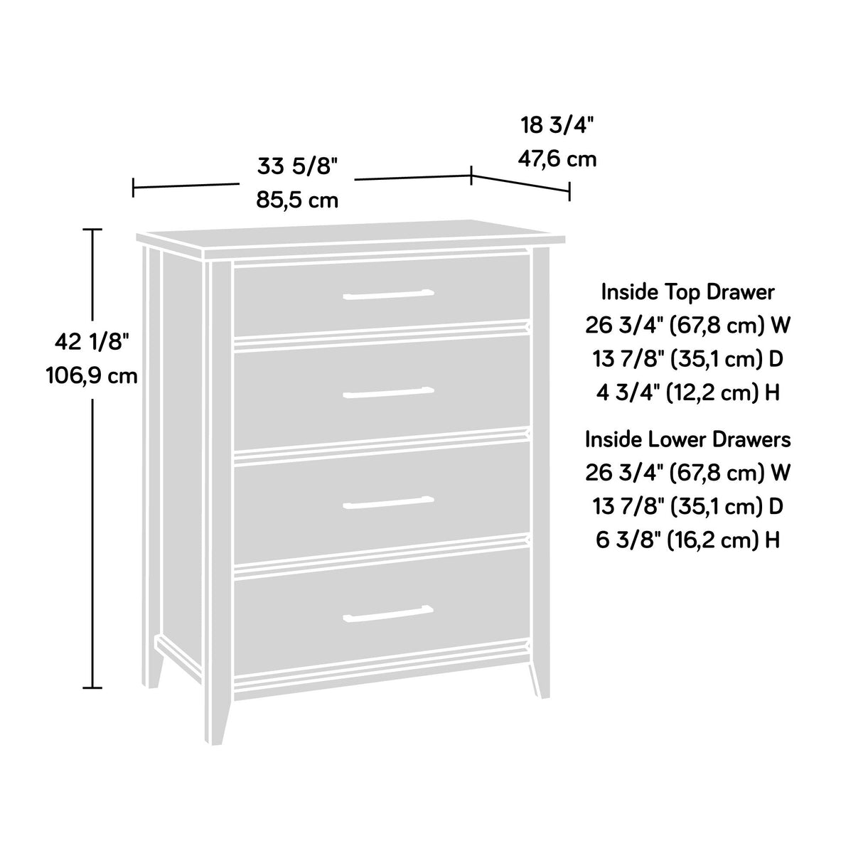 Summit Station 4-Drawer Chest, L: 34.65" x W: 18.74" x H: 42.32", Laurel Oak finish