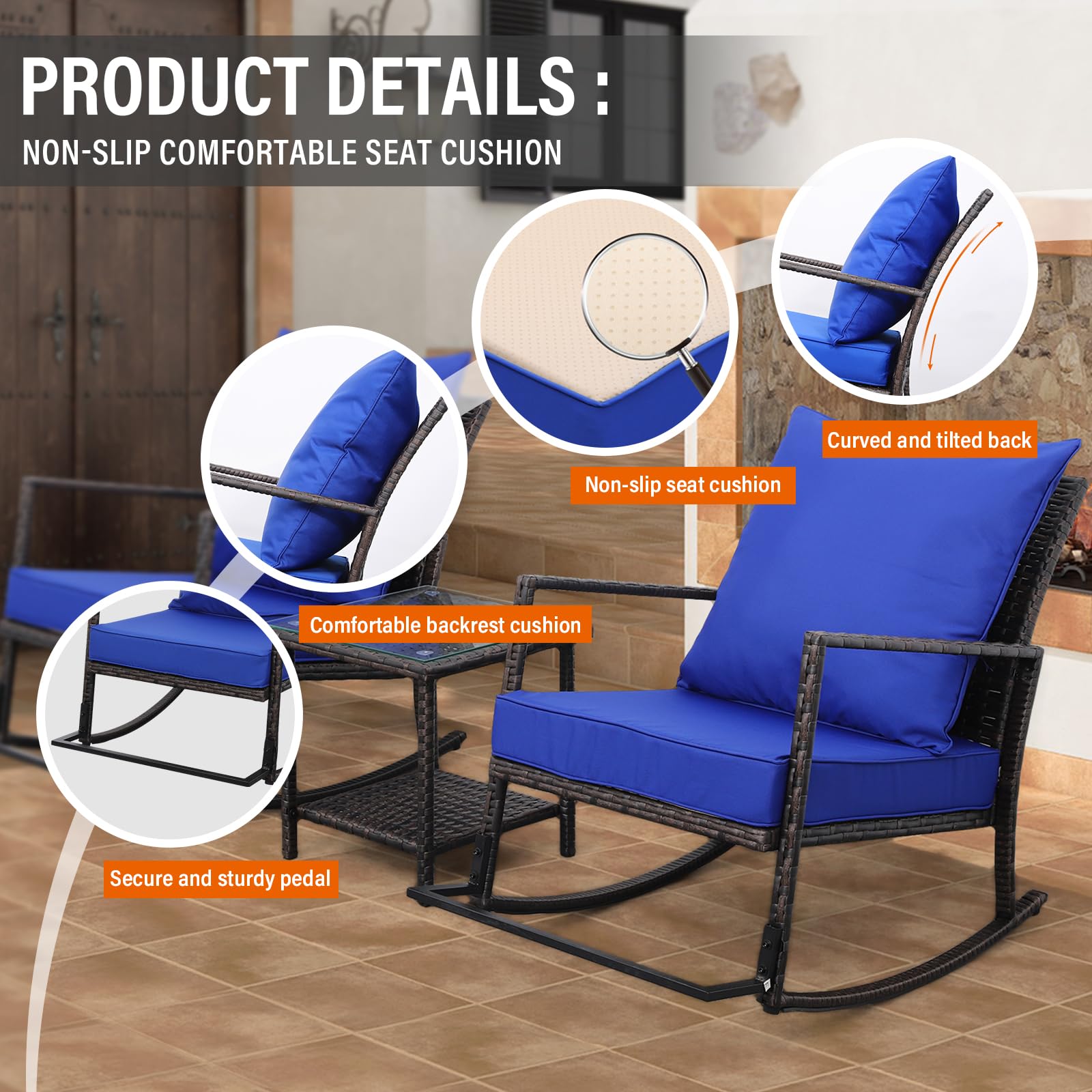 3 Piece Outdoor Furniture with Rocking Chairs Patio  Wickea Includes NonSlip Cushions