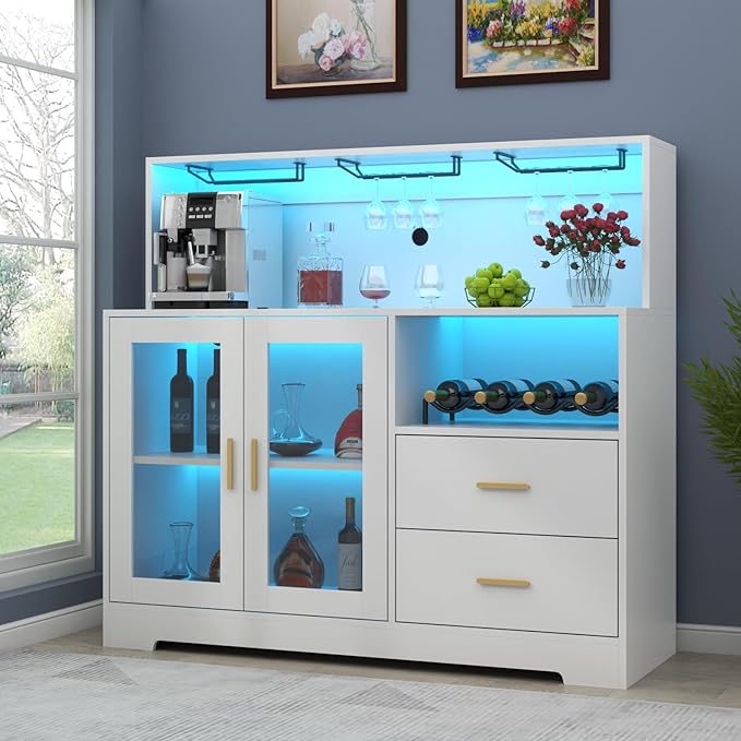 Wine Bar Cabinet with LED Light, Home Coffee Cabinet with Wine and Glass Rack