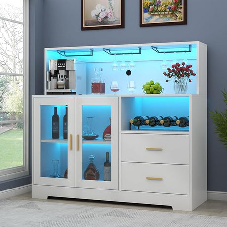 Wine Bar Cabinet with LED Light, Home Coffee Cabinet with Wine and Glass Rack