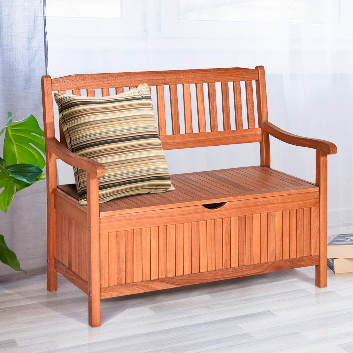 Wooden Outdoor Storage Bench Large Deck Box, Entryway Storage Bench w/Inner