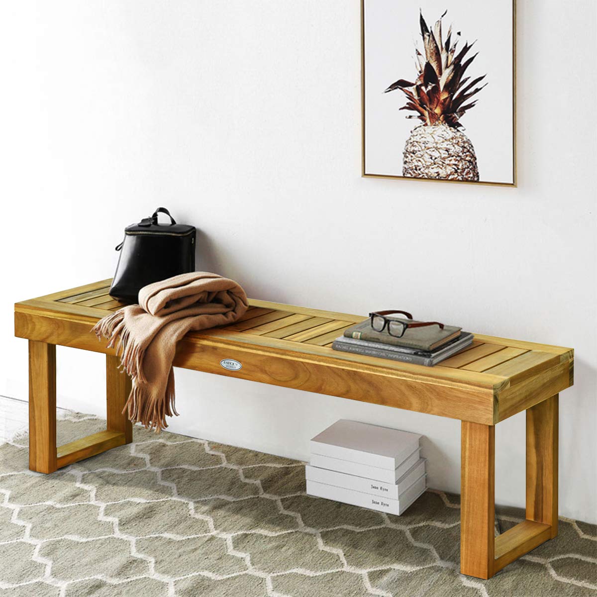 52 Inches Acacia Wood Outdoor Bench, Wood Bench for Dining Room Entryway Poolside