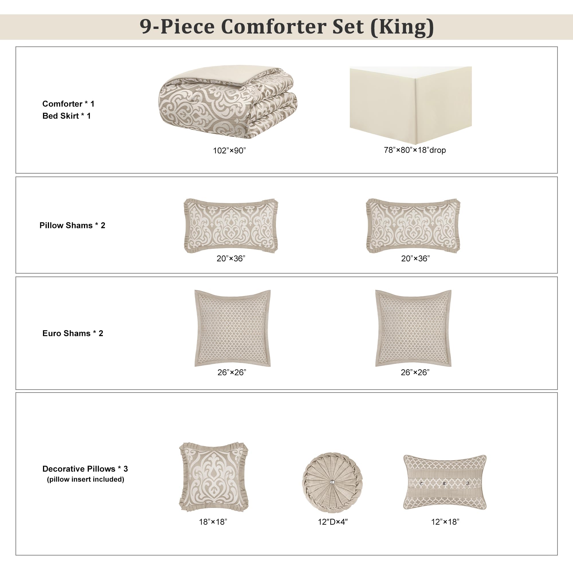 9-Piece Jacquard Comforter Set - Luxury Damask Bedding King Size (Taupe Beige)