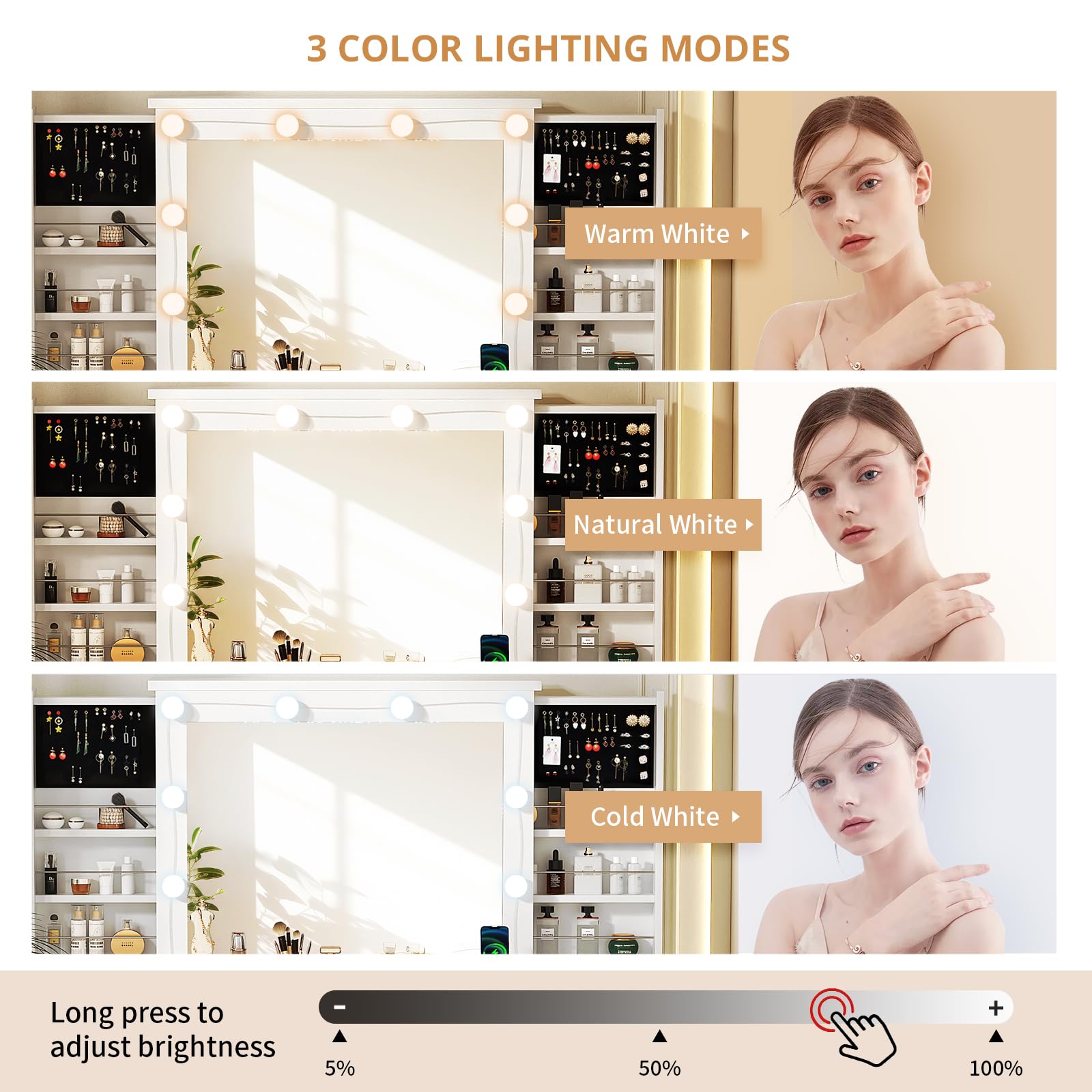 SMOOL Farmhouse Vanity with Lighted Mirror, Vanity Desk with Power Outlet & Power Outlet, 3 Color Lighting Modes Adjustable Brightness, Vanity Table for Women Girls, White
