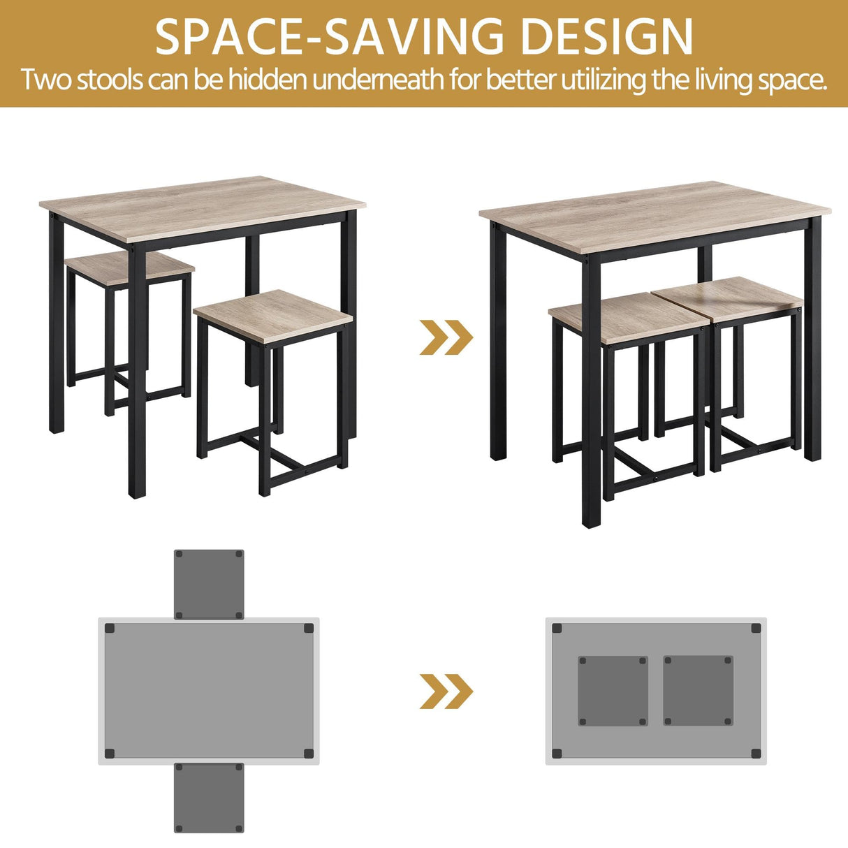 3 Piece Dining Table Set - Kitchen Table & Chair Sets for 2 - Compact Table w/ 2 Stools