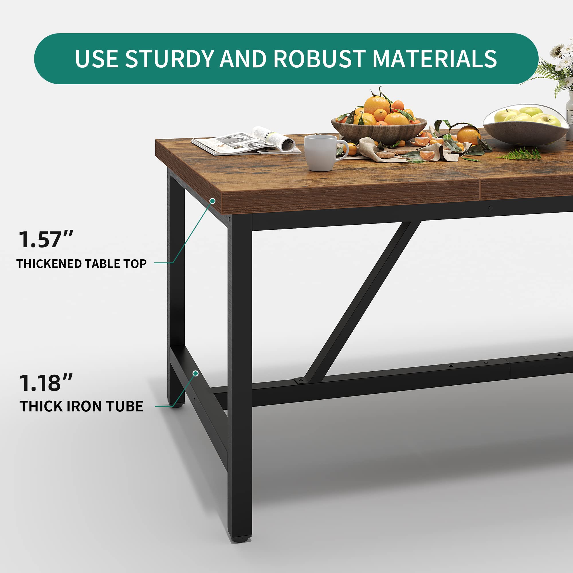 70.8" Large Kitchen Dining Room Table for 6-8 People, Rustic Brown Farmhouse Industrial Wood Style Rectangle