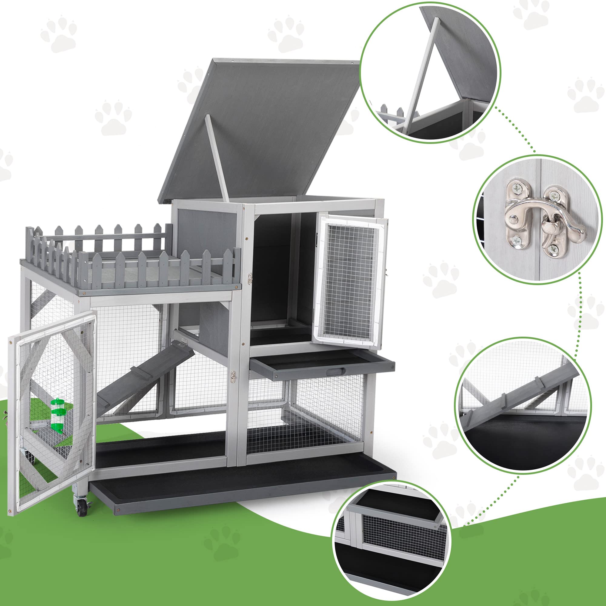 COZIWOW Assembled Durable 38Inches Rabbit Hutch Indoor on Wheels, Small Animal Houses Habitats, Rolling Large Bunny Cage Outdoor with Removable Tray, Ramp, Two Story Bunny Hutch Cage（Grey）