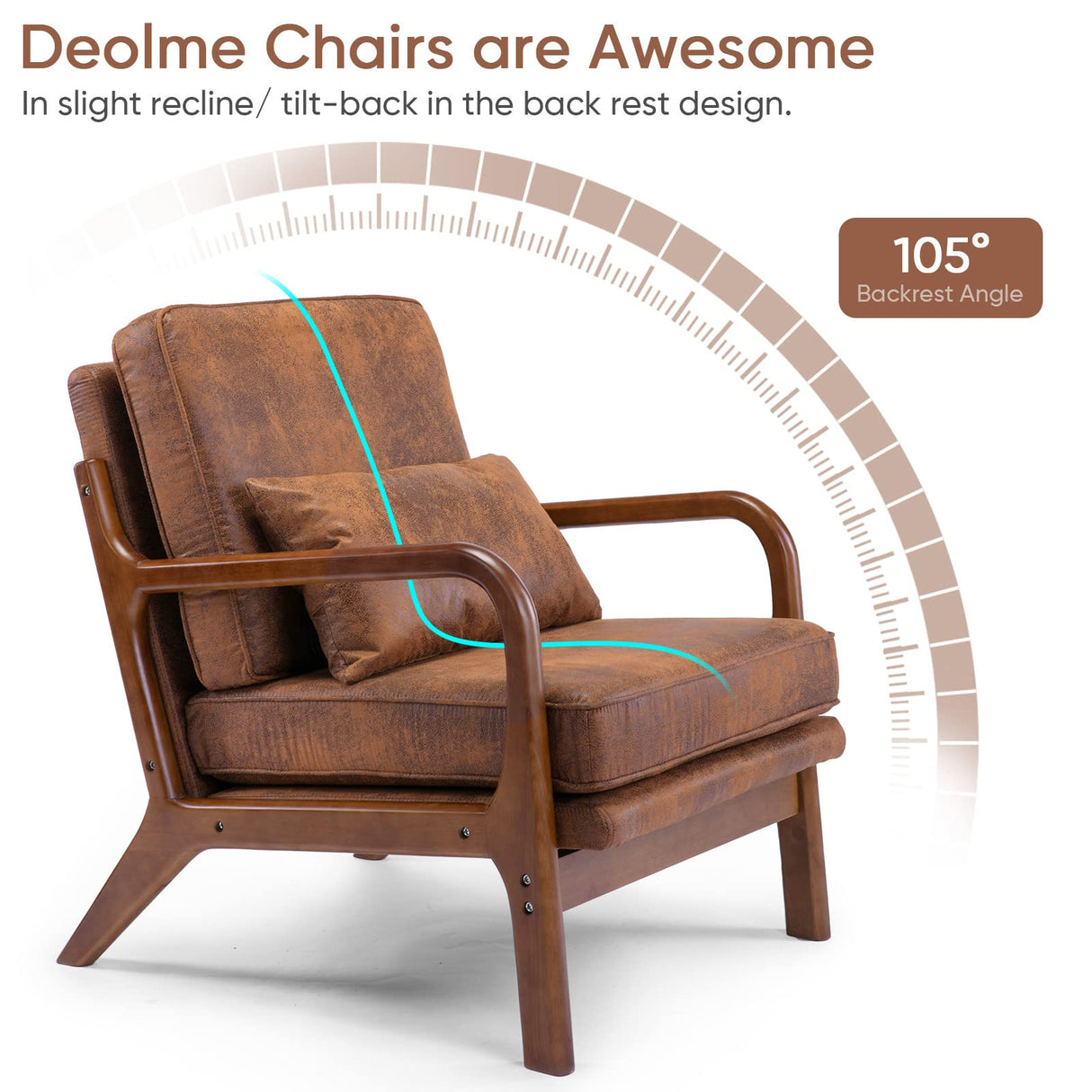 Modern Accent Chair Set of 2 Living Room- Comfy Solid Wood Arm Chair with Lumber Pillow Lounge Decorative Brown Leather Office Side Chair Bedroom Reading Nook Sillas De Sala Microfiber