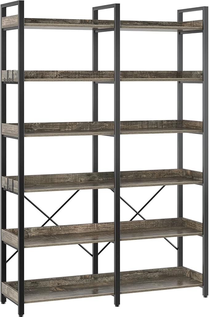 Bookshelf 6 Tier with 4 Hooks, 67” Industrial Wooden Bookcase, Vintage Storage Rack with Open Shelves, Rustic Standing Bookshelves Metal Frame 43.3” Wide Display Rack, Rustic Brown