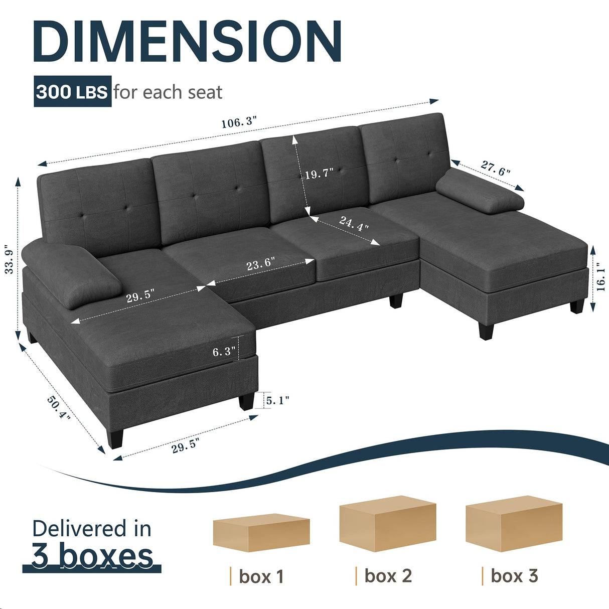 Sectional Sofa Couch, U-Shaped Couches for Living Room, 4 Seat Sofa with Oversized Seats and Double Chaise