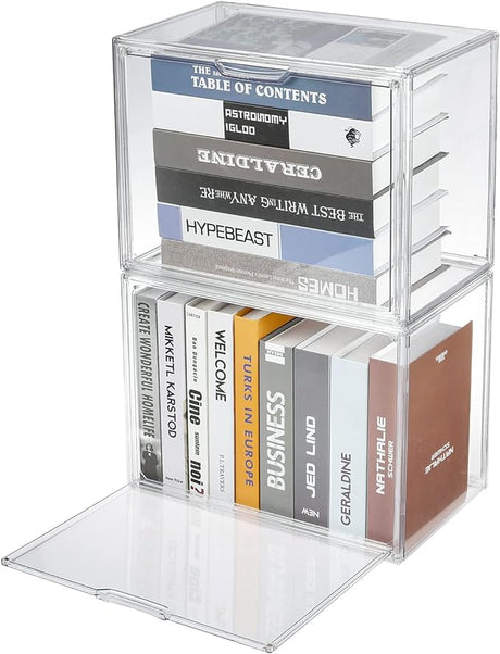 Clear Book Storage Organizer Box, Plastic Stackable Book Display Case with Magnetic Door,