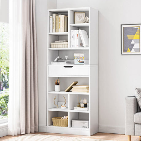 IOTXY Wooden Open Shelf Bookcase - 71 Inches Tall Freestanding Display Storage Cabinet Organizer with 10 Cubes and a Drawer, Floor Standing Bookshelf in Warm White