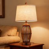 27" Vintage Bamboo Woven Table Lamps Set of 2 with USB Charging