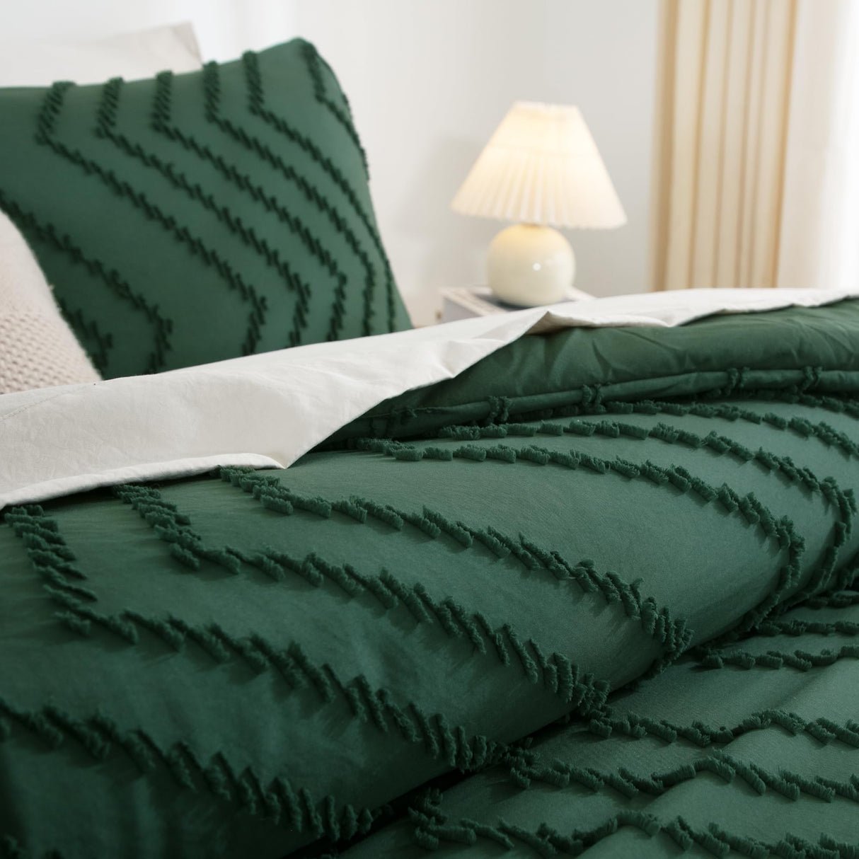 Comforter King Size Set Dark Emerald Green, 3 Pieces Lightweight Tufted Solid Forest Green Bedding Sets,