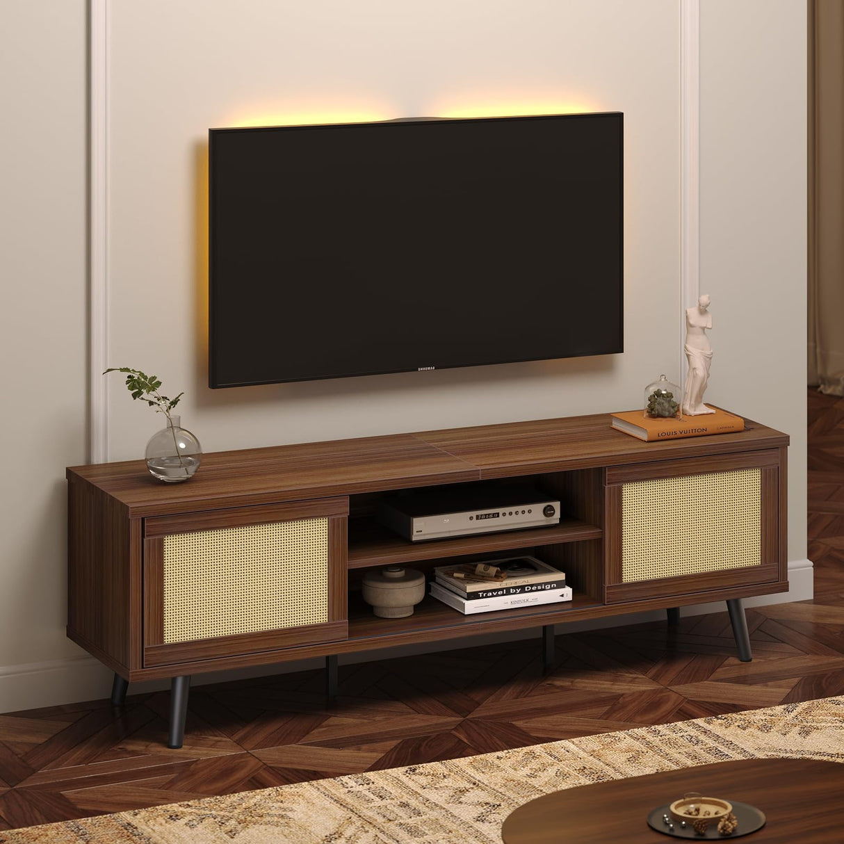 TV Stand for 75 Inch TV, 63” Entertainment Center with Sliding Doors, Rattan TV Console