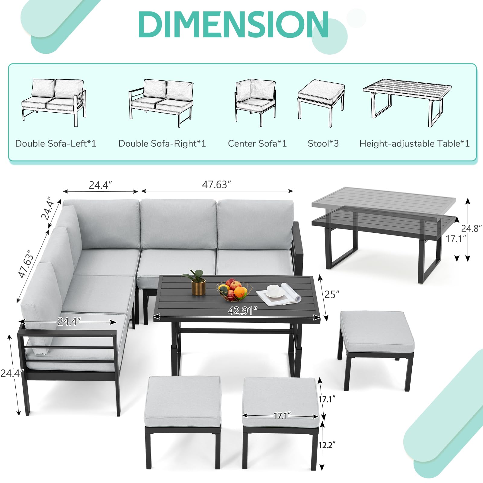 All Weather Aluminum Frame Patio Conversation Set, 7 Pieces Outdoor Patio Furniture