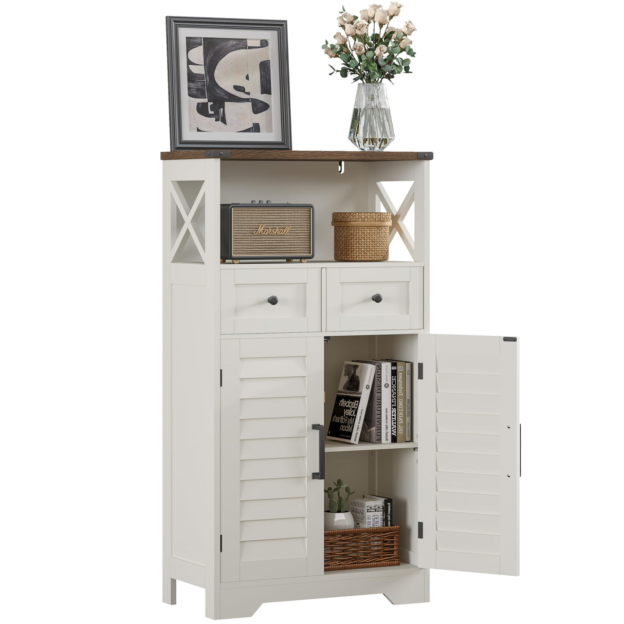 Farmhouse Storage Cabinet, Bathroom Floor Cabinet with Doors and Drawers