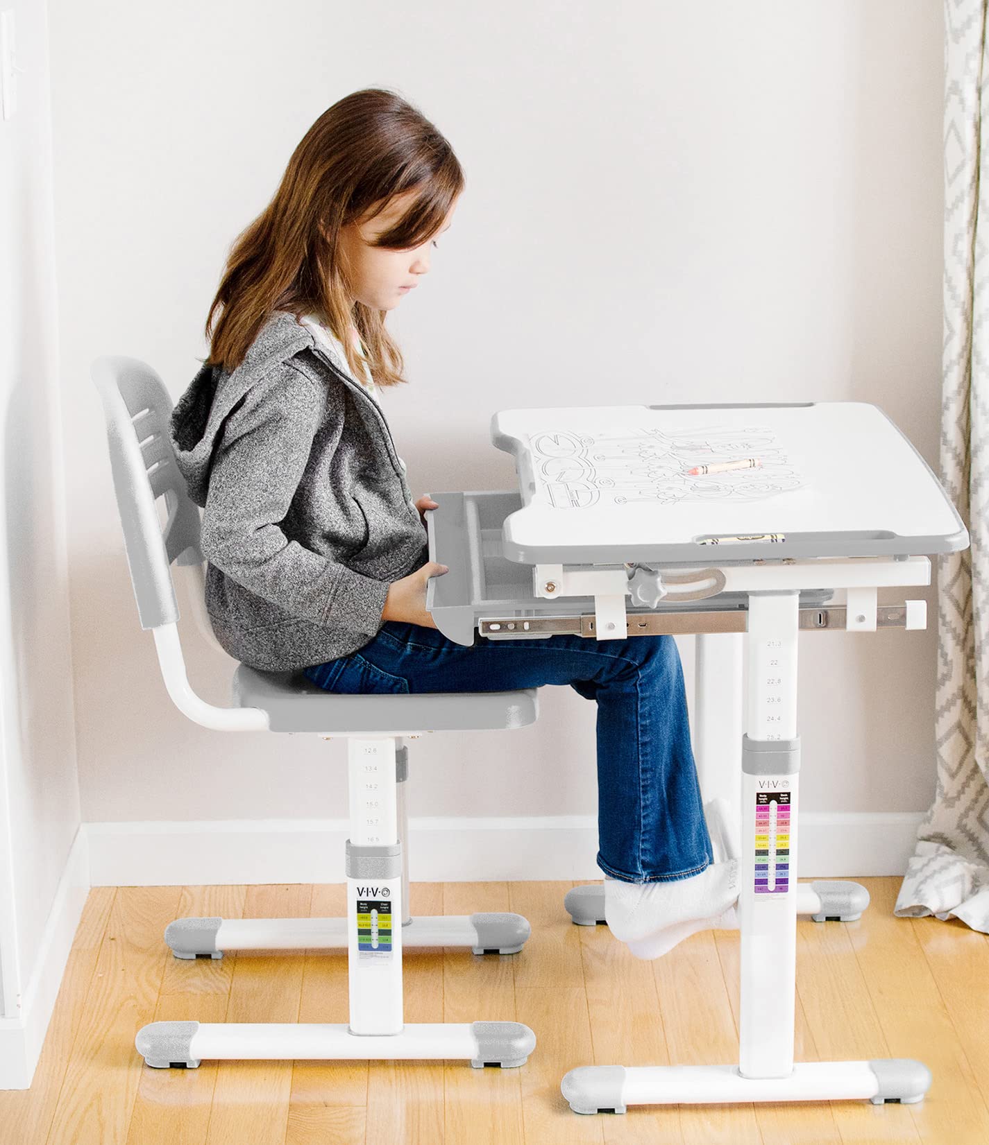 Gray Height Adjustable Childrens Desk and Chair Set | Kids Interactive Workstation