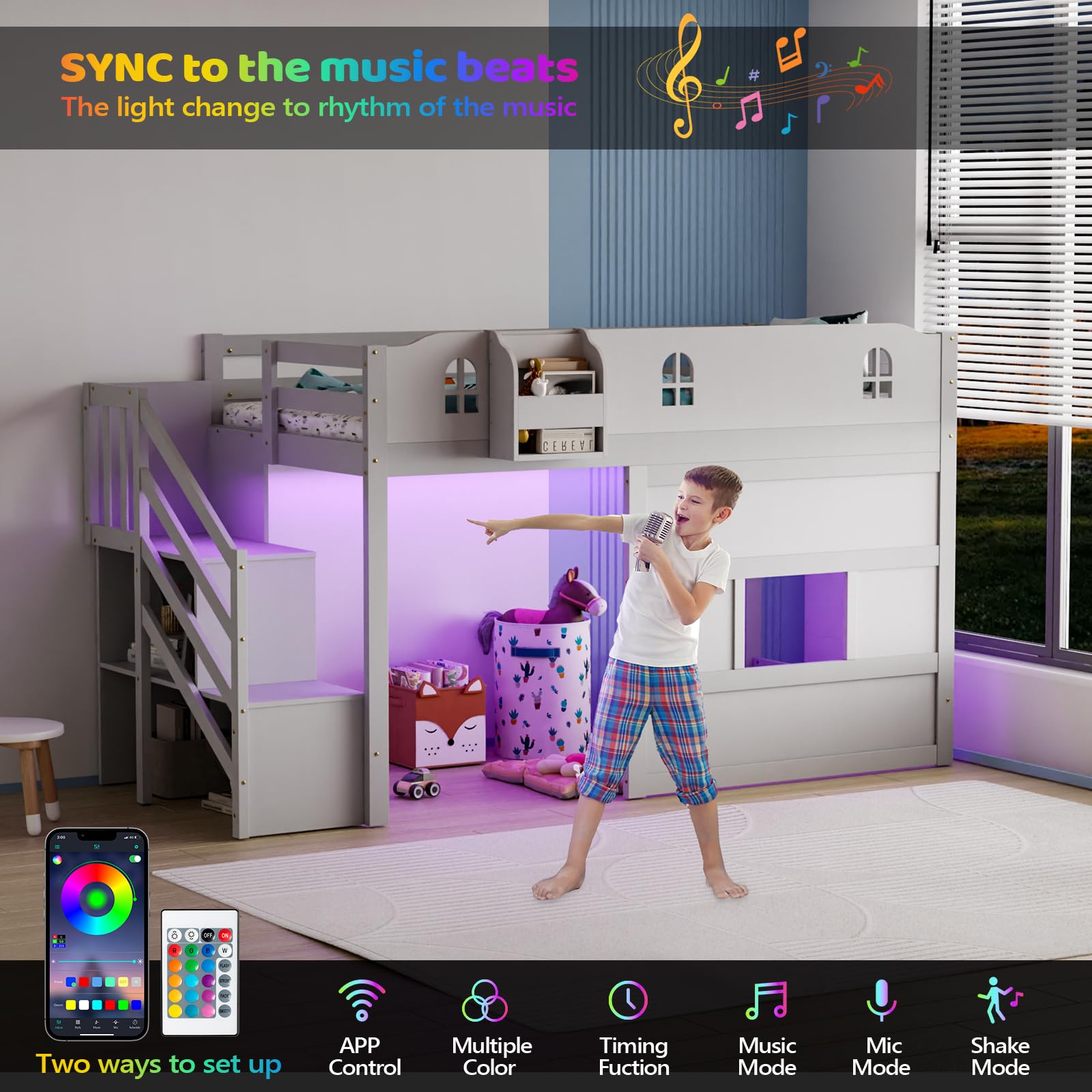 Low Loft Bed with Led Light, Loft Bed Twin Size with Castle Guardrail and Window