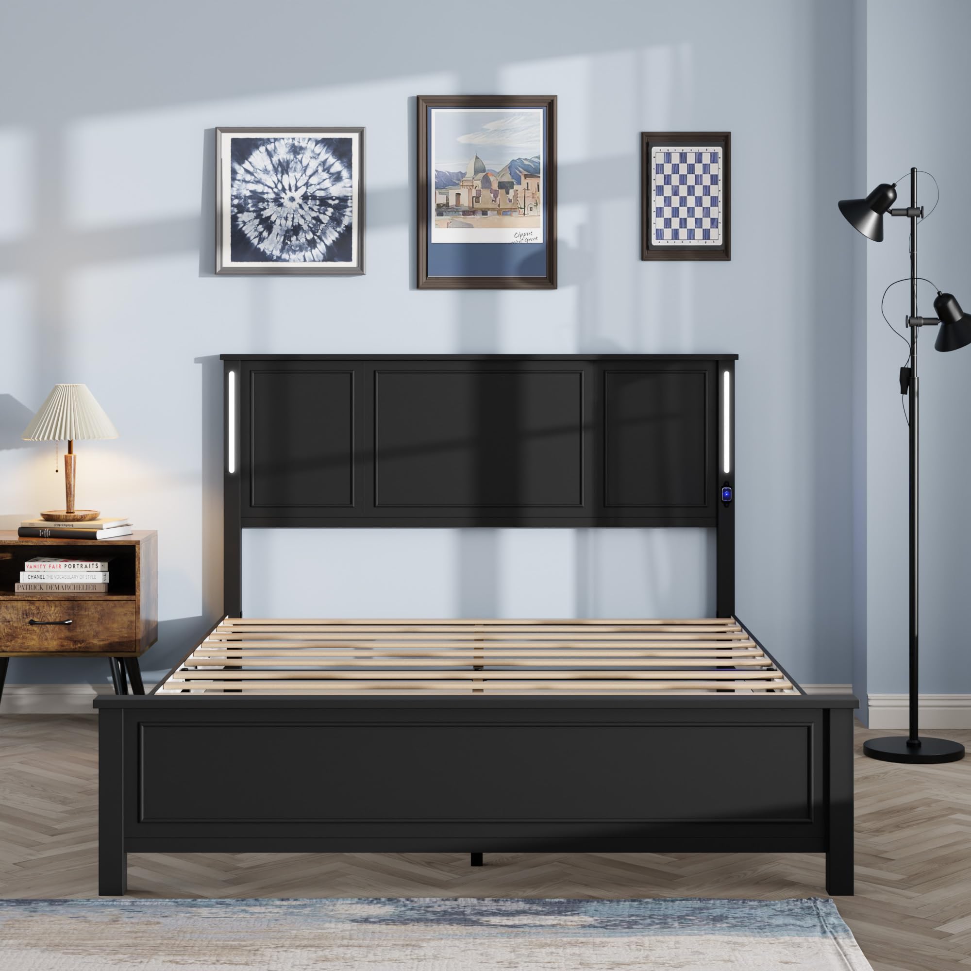Wooden Bed Frame Queen Size with Headboard, Farmhouse Platform Bedframe