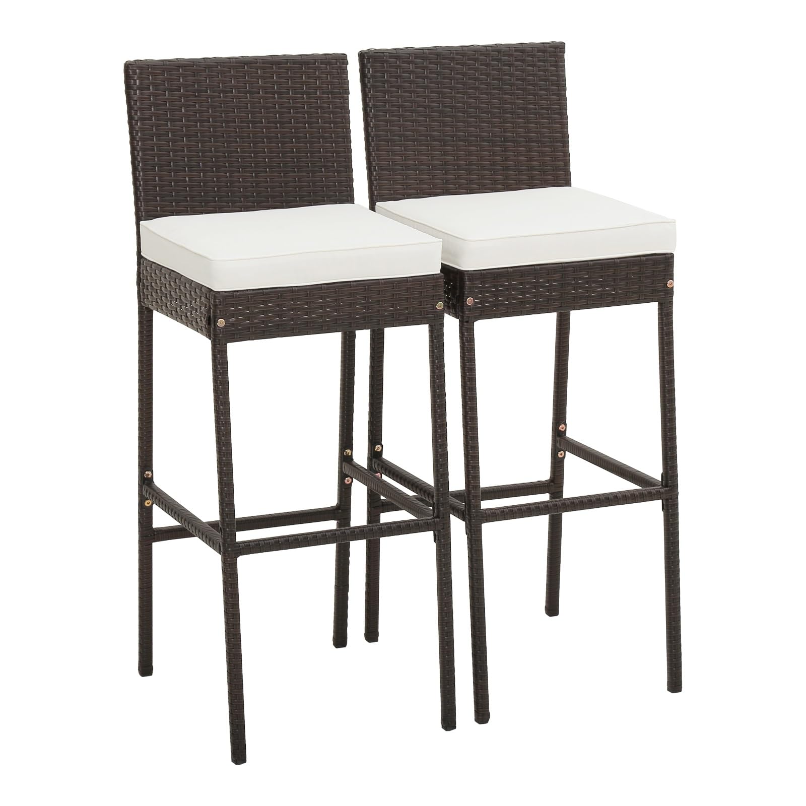 Outdoor Bar Stools Set of 2 - Wicker Rattan Patio Barstools Tall Chairs w/Back, Footrest