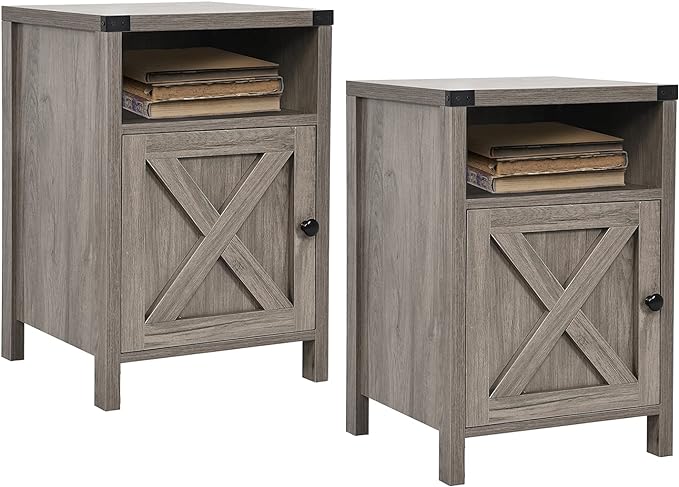 Farmhouse End Table, Set of 2, Rustic Night Stand with Barn Door and Storage Shelf