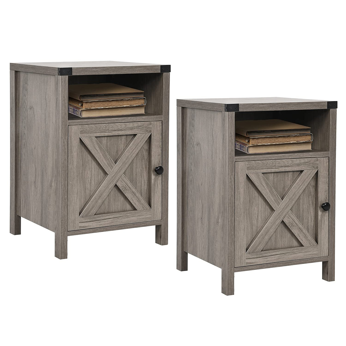 Farmhouse Nightstand, End Table, End Tables with Barn Door and Shelf, Modern Bed Side Table Rustic Gray Nightstands Set for Bedroom, Living Room, Set of 2, Gray Wash