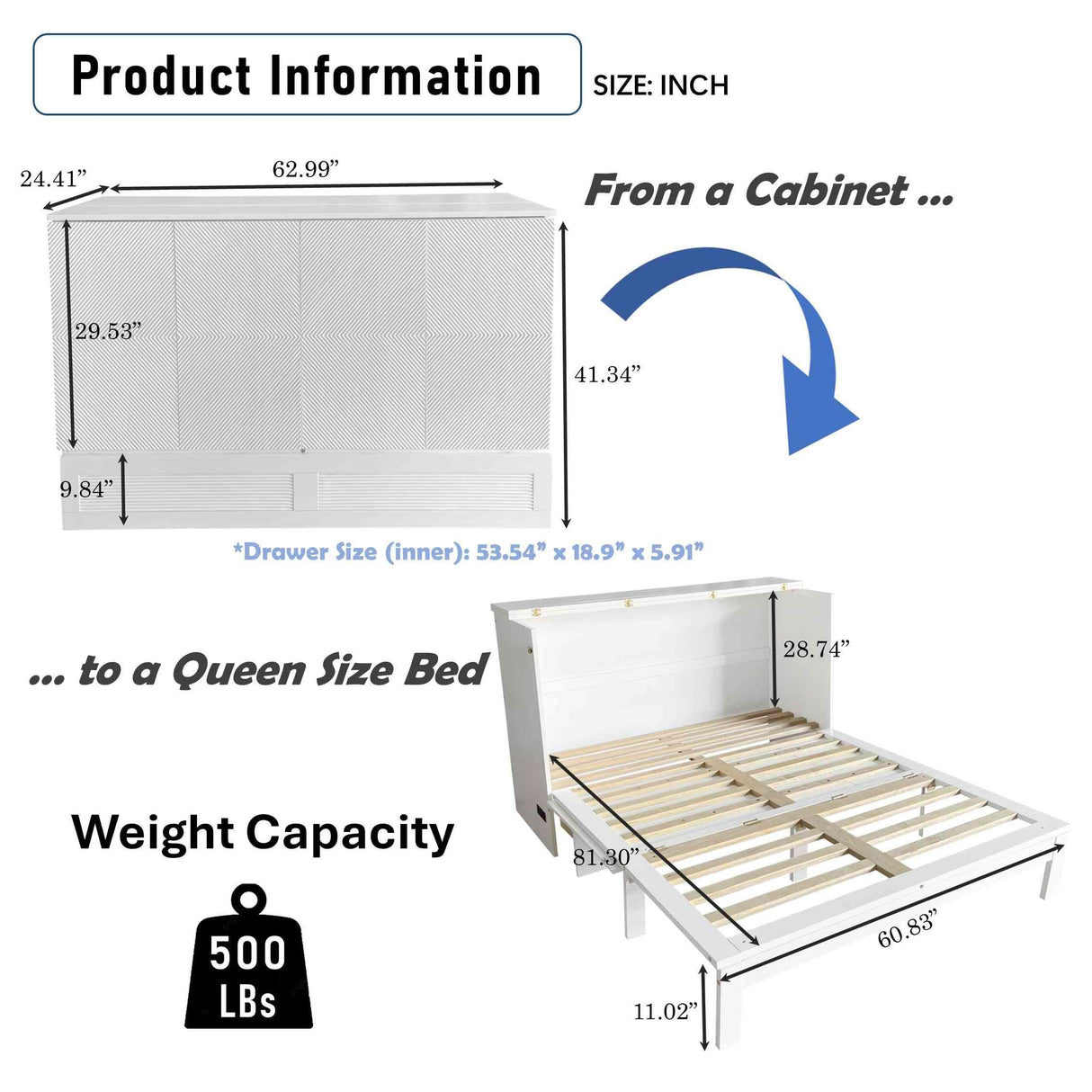 Foldable Queen Size Murphy Bed with Large Storage Drawer, Wooden Space Saving Platform Bedframe for Bedroom, Guestroom, No Box Spring Required, White